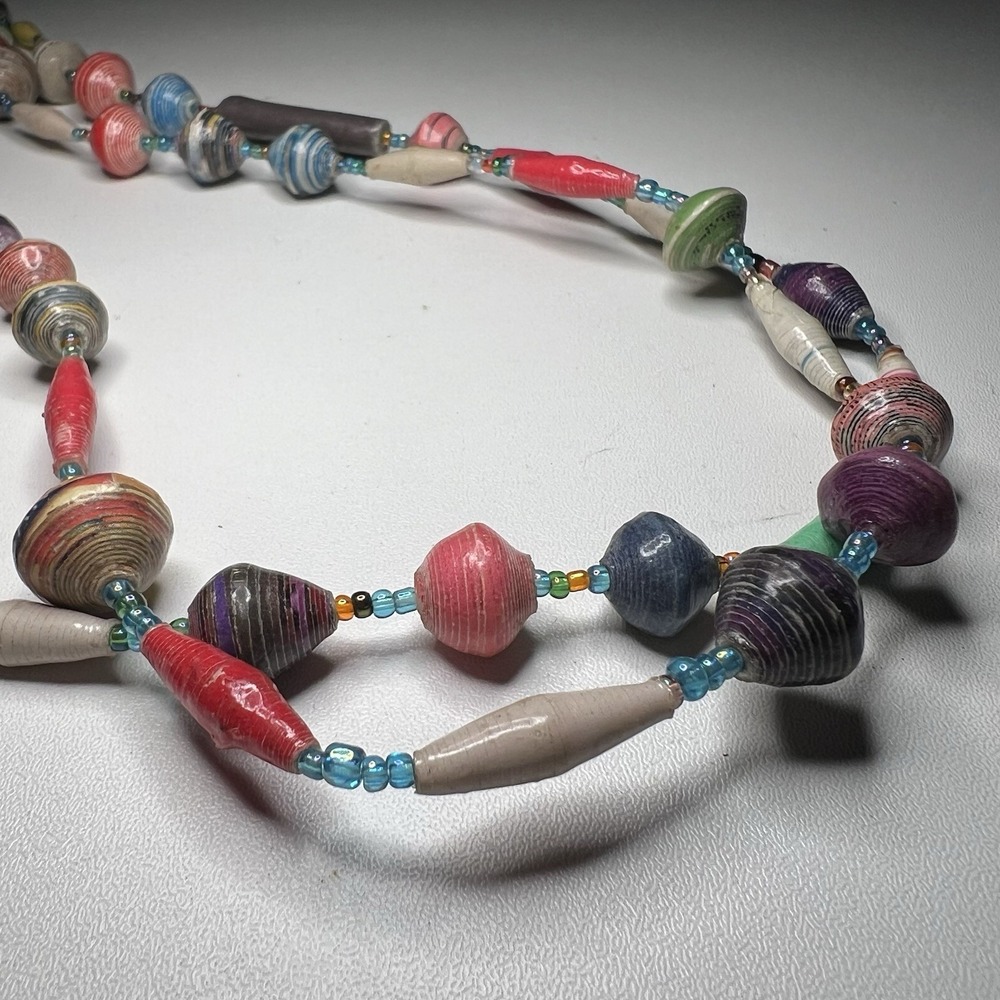 Handmade African Paper Bead Necklace Long Multi Strand Recycled Upcycled Boho